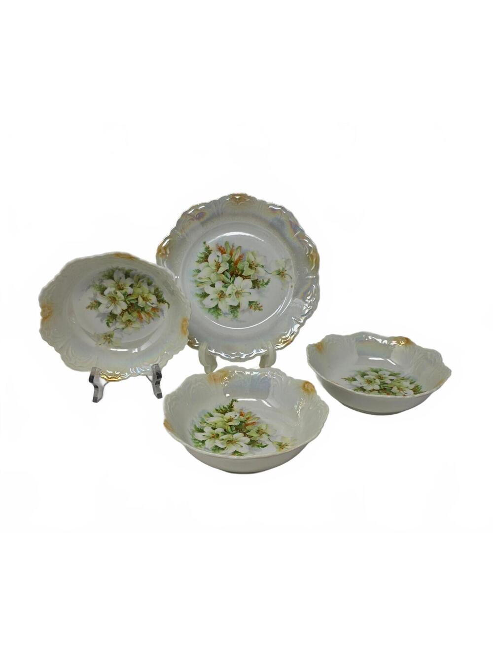 Antique Greiner & Herda Lily Lusterware Set 3 Berry Bowls & Plate